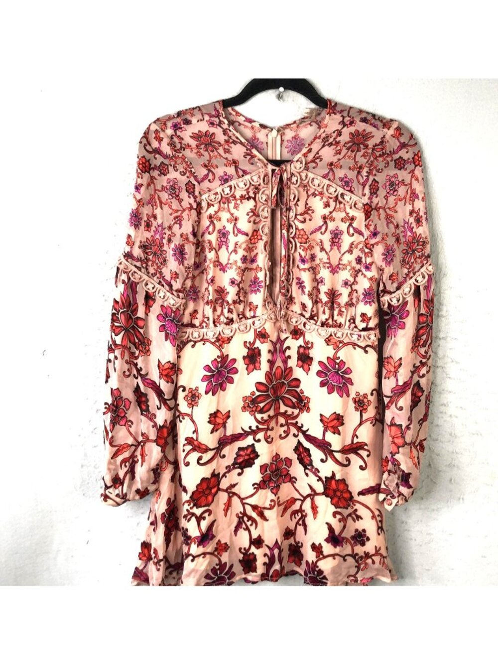 For Love & Lemons Dress Womens M Pink Floral Embroidered Chiffon Fit Flare Boho